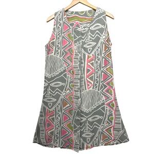 VTG Tribal Mask Print Rayon Shift Dress Grey Pink Sleeveless Button Down NWT M
